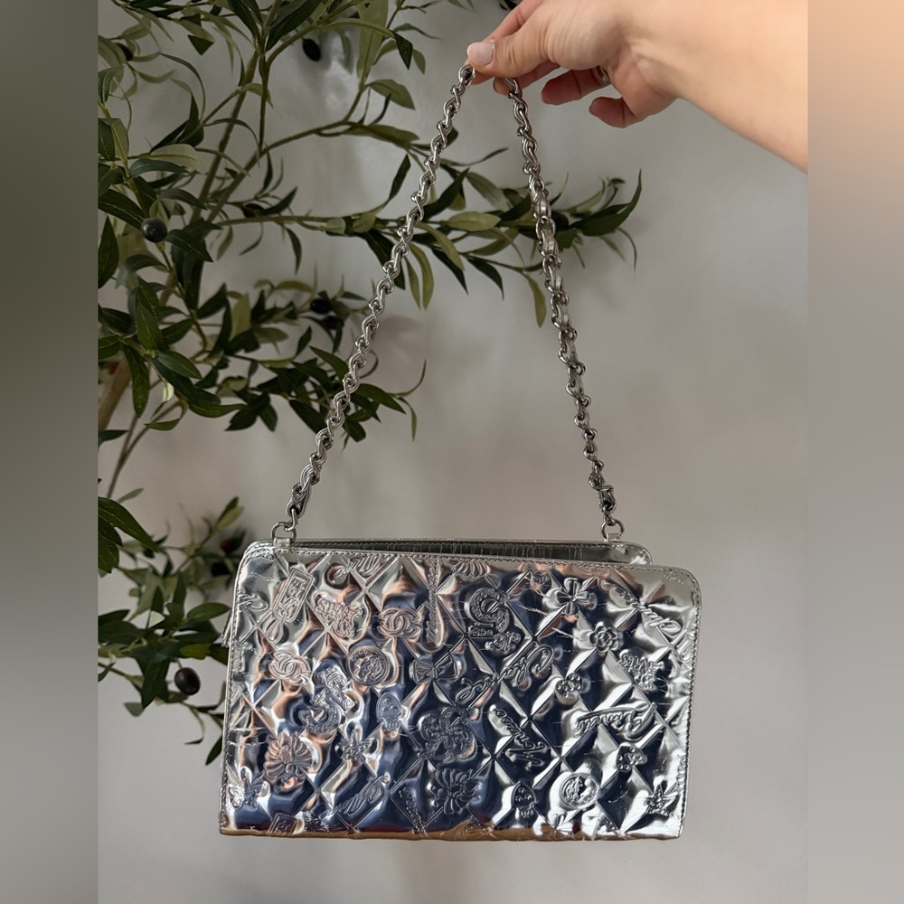 Chanel Lucky Symbols Metallic Silver Patent Leather Shoulder Bag Authentic